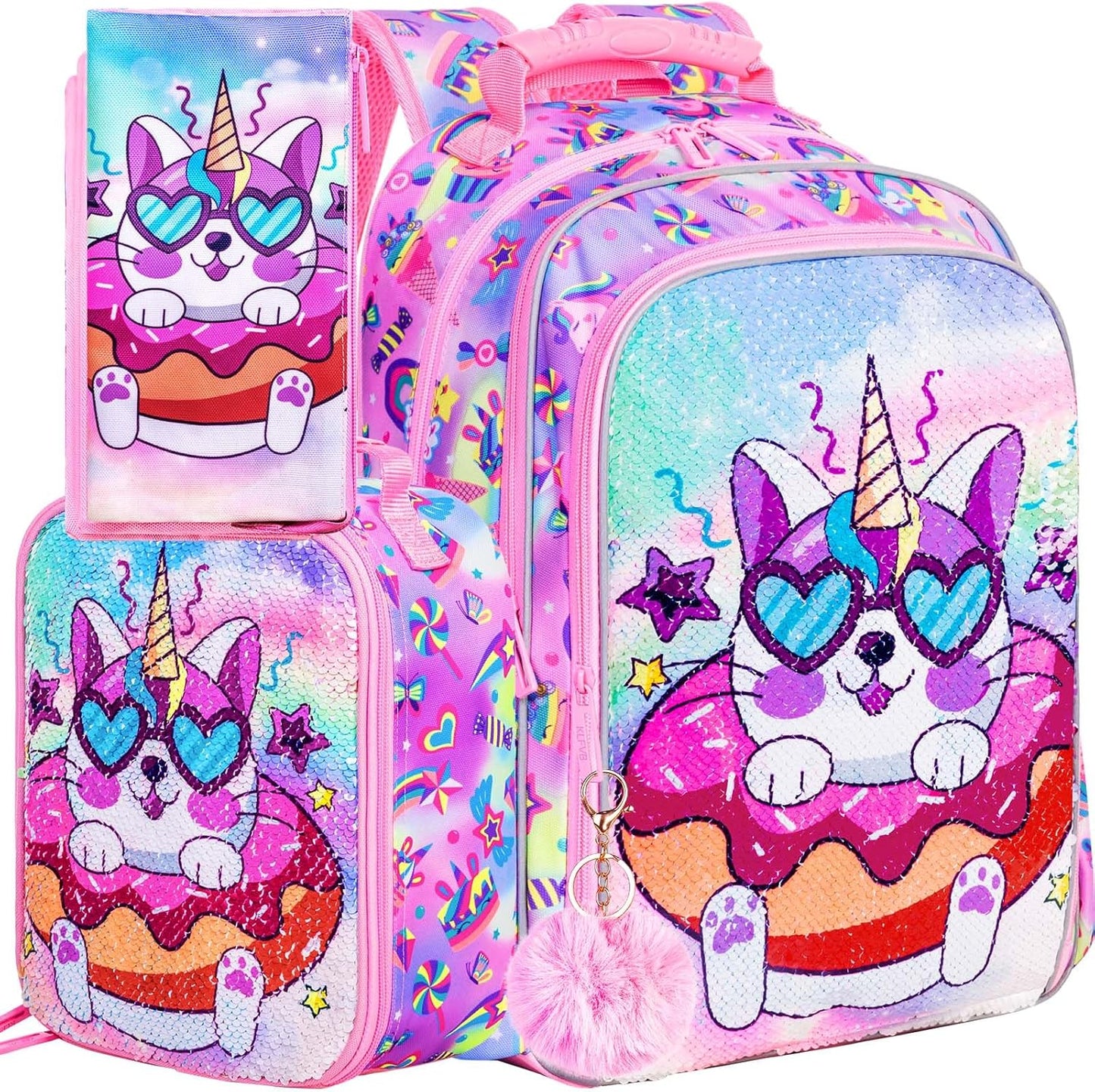 3PCS Girls Backpack, 16" Sequin Prechool Elementary Bookbag and Lunch Box