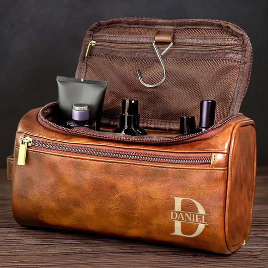 DOPTIKA Custom Engraved Leather Toiletry Bag, Personalized Birthday Gifts for Dad, Brother, Grandpa, Husband, for the Man Who’s Always on the Move, Initial with Name Toiletry Bag for Men, Groomsmen