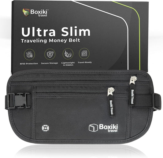 Money Belt for Travel with RFID Blocking Technology - Hidden Travel Money Pouch for Cash, Credit Cards, Passport, and Travel Valuables - Secure Water Resistant Money Belt for Men and Women - Black
