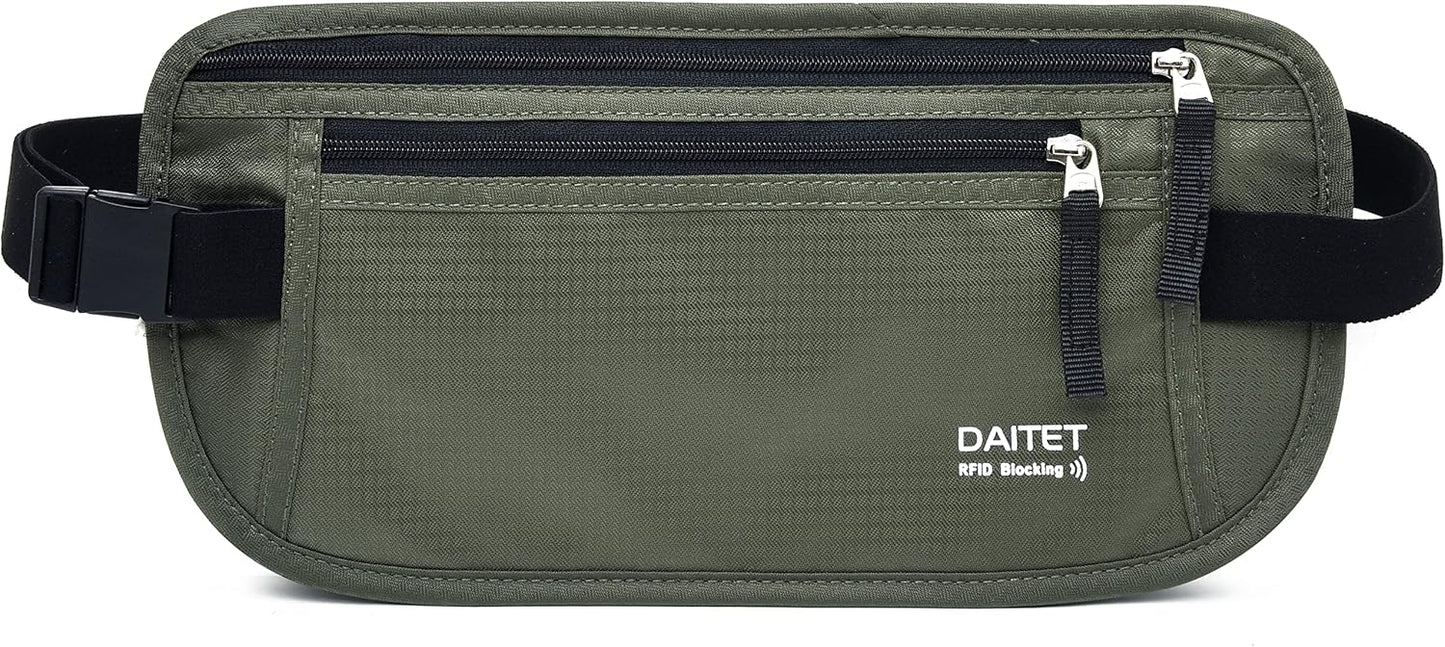 RFID Blocking Money Belt for Men Women, Slim Fanny Pack for Travel，Running,Conceal Waist Wallet for Passport Holder,Phone,Cash(Dark Olive Green)