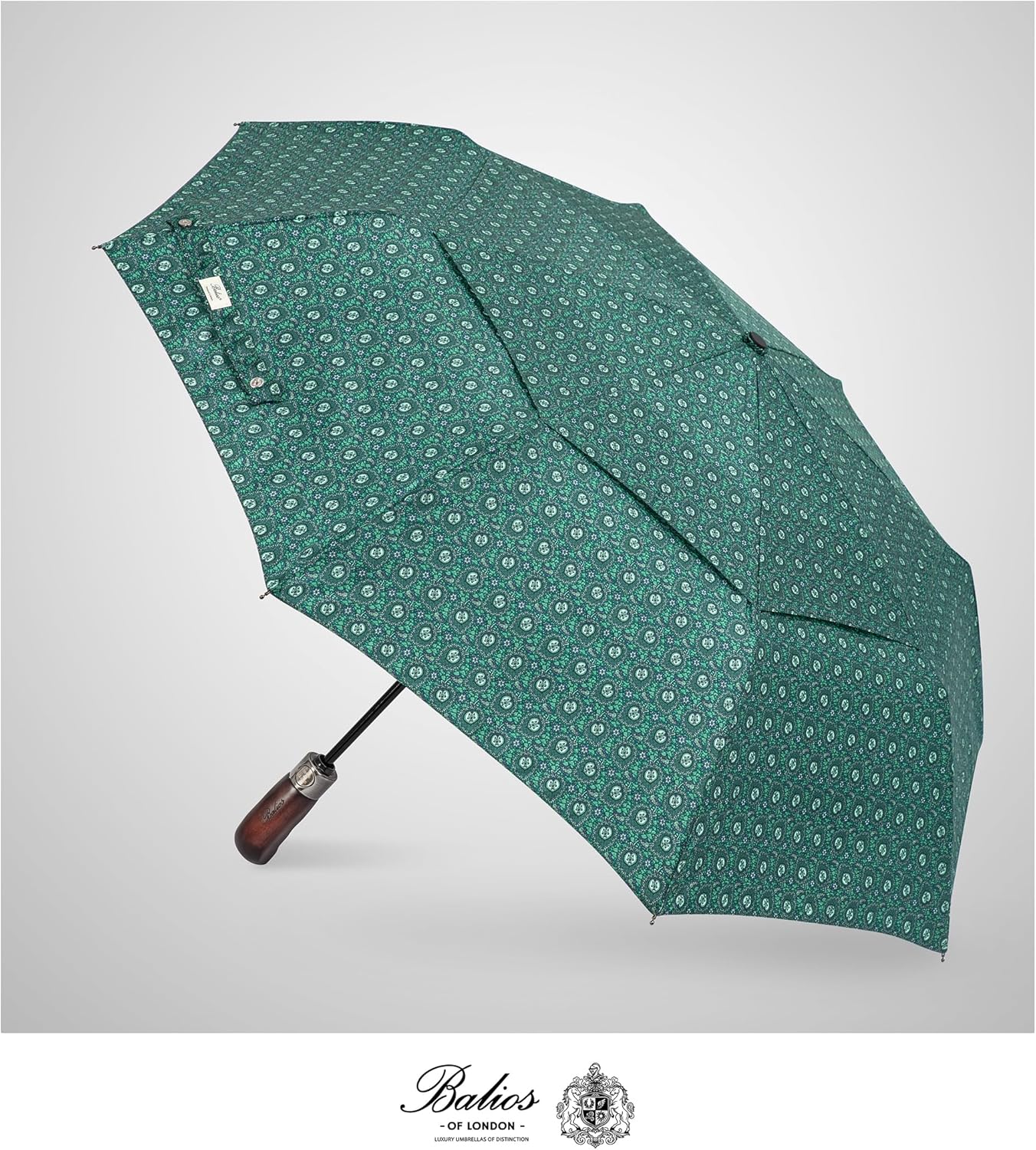 Balios Travel Folding Umbrella with Real Wood Handle Auto Open Close Vented Windproof Canopy