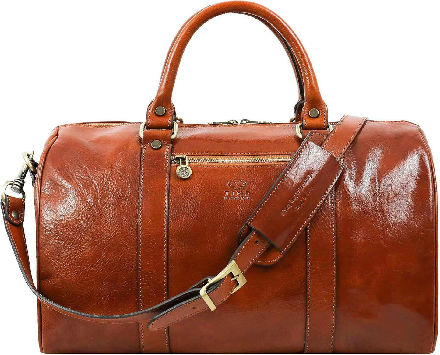 Full Grain Leather Small Duffel Bag Gym Bag Weekender Overnight Unisex Brown - Time Resistance