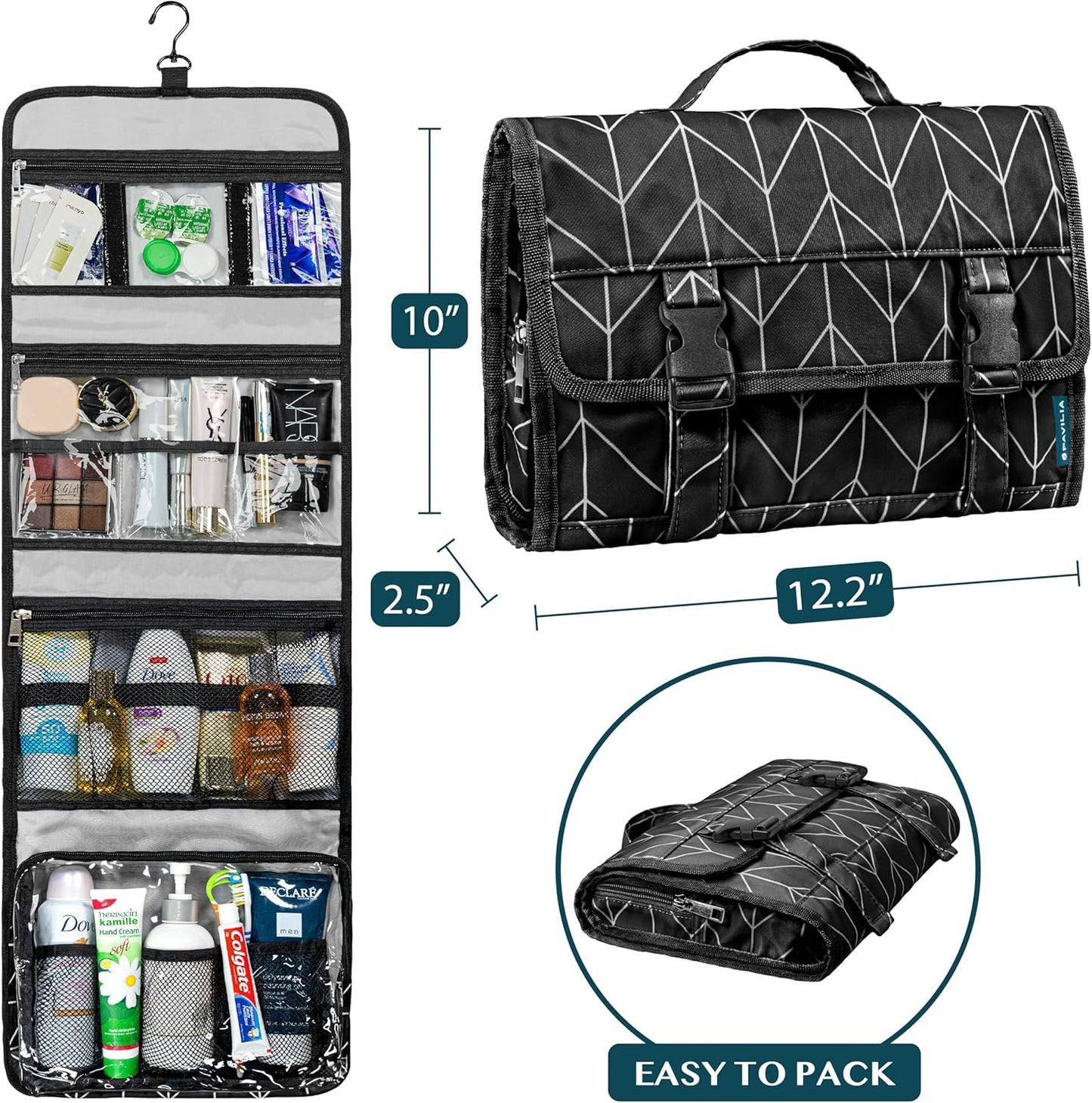PAVILIA Travel Hanging Toiletry Bag for Women Men, Large Capacity Makeup Bag Kit, Waterproof