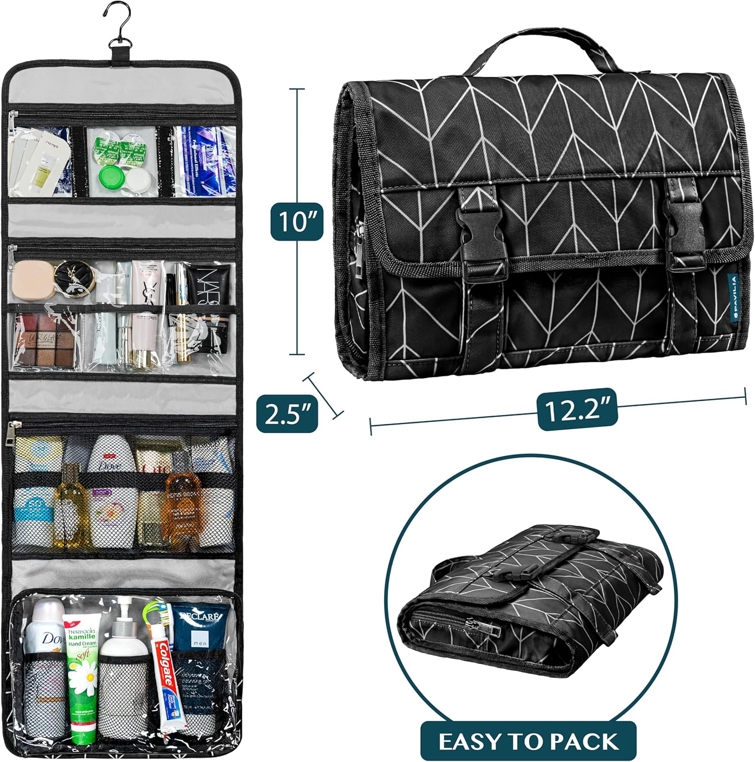 PAVILIA Travel Hanging Toiletry Bag for Women Men, Large Capacity Makeup Bag Kit, Waterproof
