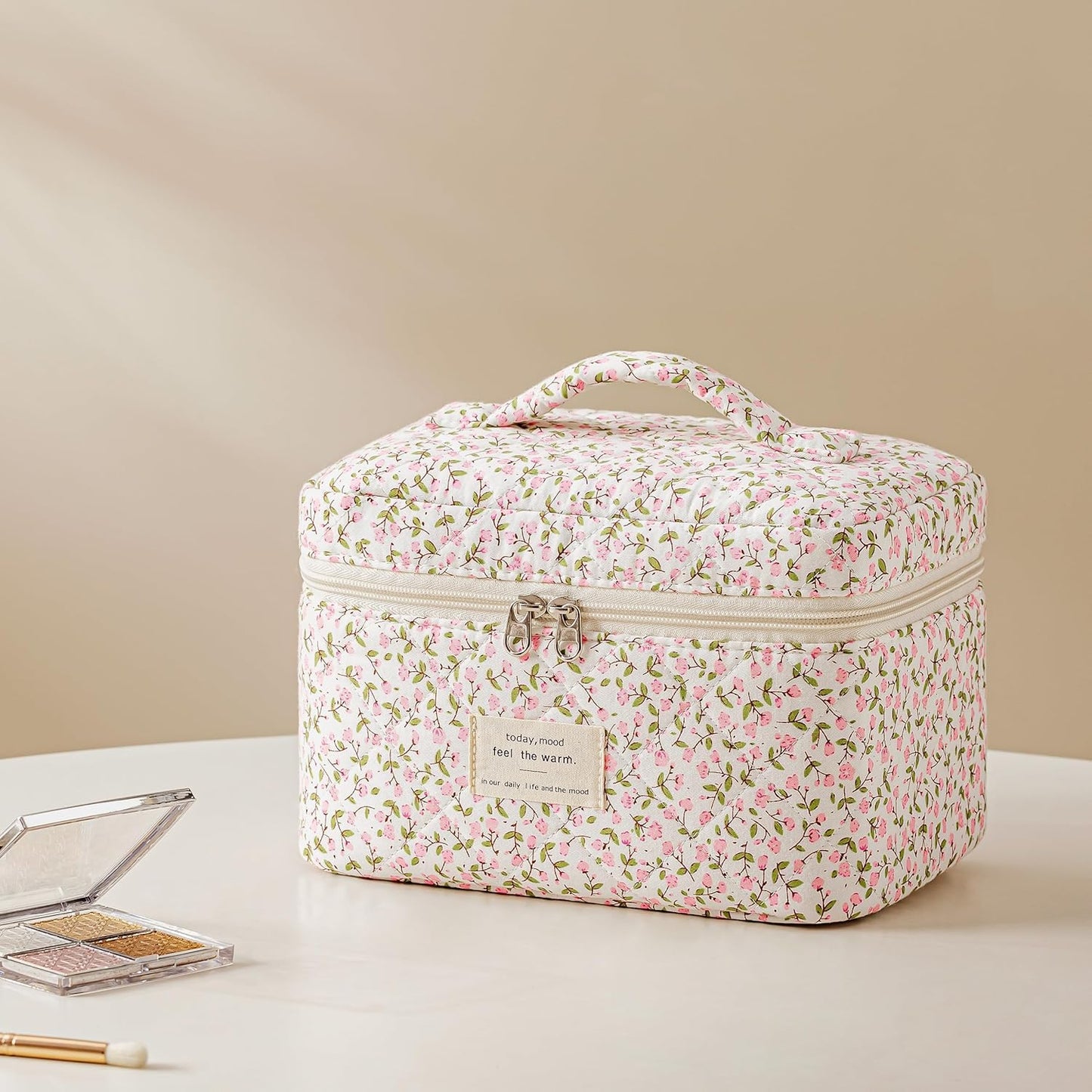 HBselect Quilted Makeup Bag, 3PCS Cotton Large Travel Makeup Bag, Cute Floral Coquette Make up Bag