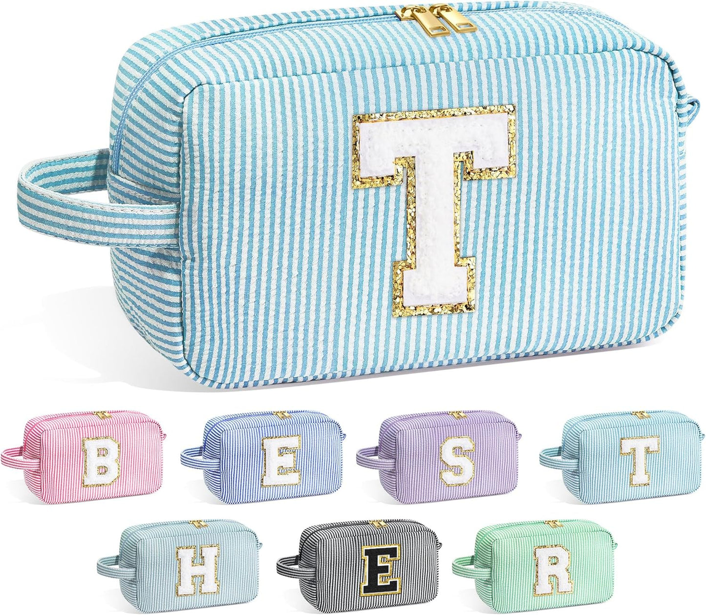 YOOLIFE Cosmetic Bag, Initial Makeup Bag for Women Girls - Personalized Gifts for Women Girls, Travel Makeup Bag, Cosmetic Bag, Blue T