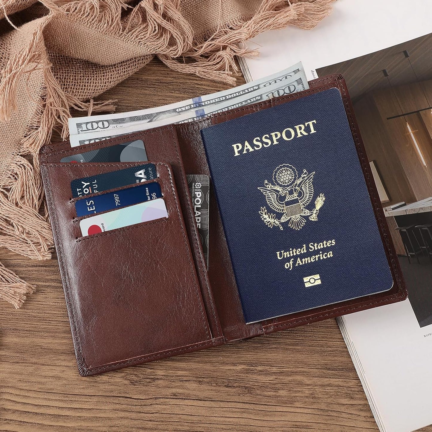 Polare Functional RFID Blocking Leather Passport Holder Travel Bifold Wallet For Men (Coffee)