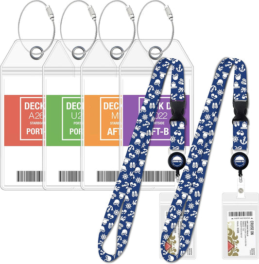 Carnival Cruise Luggage Tag Holders (4 Pack) & Lanyards (2 Pack), Large, Clear & Waterproof, Cruise Essentials 2025-2026 for Ship Cards & Baggage – Durable Travel Accessories (Blue)