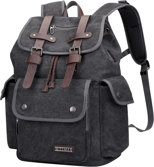 WITZMAN Canvas Backpack for Men Vintage Rucksack Fit 15.6 inch Laptop Backpack Travel High Capacity Casual Daypack (A8004 Black/Gery