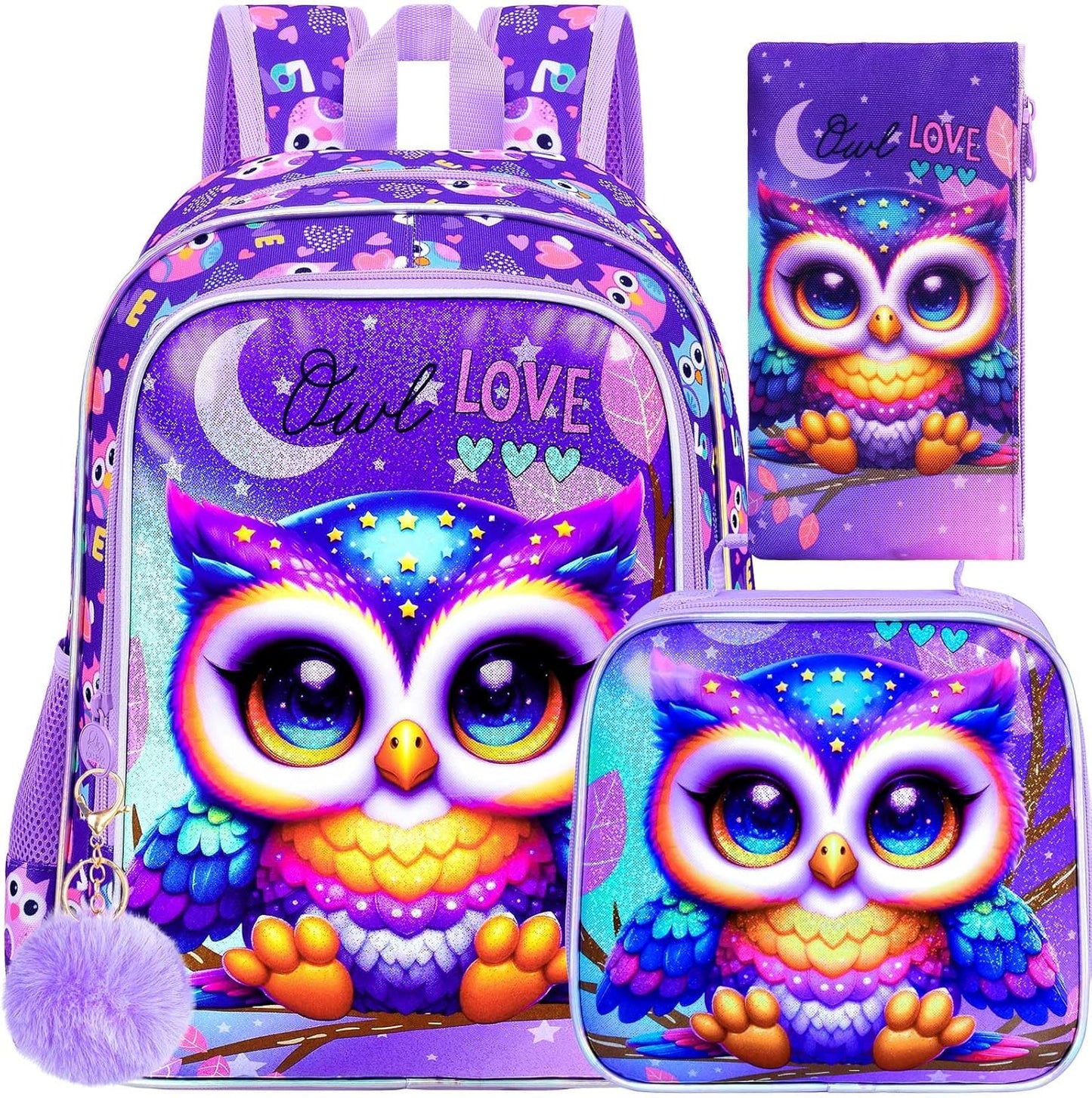 CCJPX 3PCS Kids Backpack for Girls, 16”Owl Bookbag with Lunch Box, Cute Water Resistant Elementary