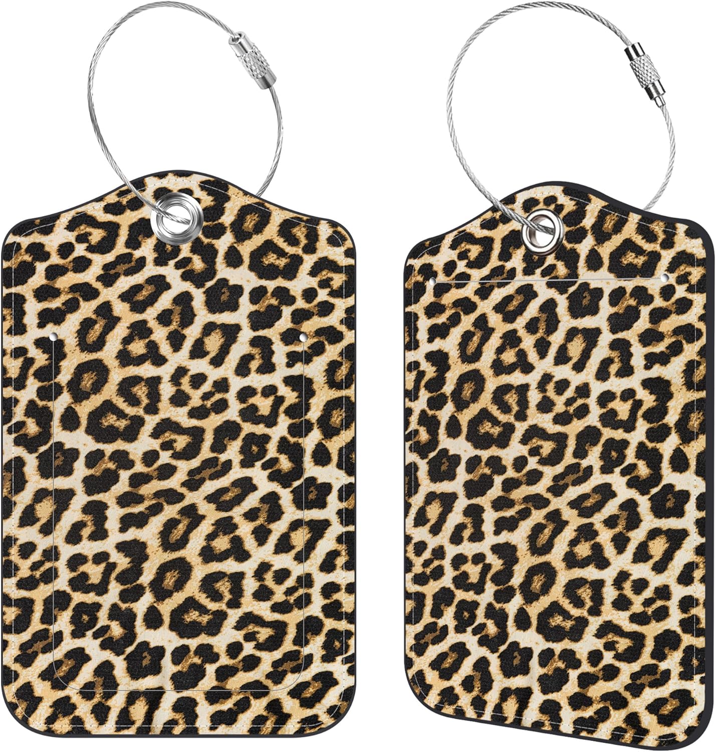 2 Pcs Luggage Tags for Suitcases, Leopard Print Leather Bag Tags for Luggage Privacy Cover Name ID Label with Stainless Steel Loop Cruise Airport Travel Essentials