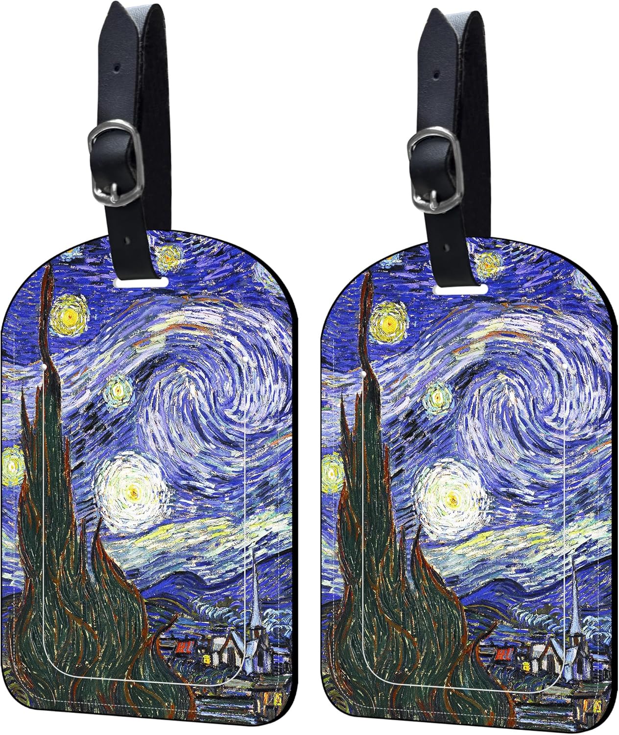 2 Pack Luggage Tags The Starry Night PU Leather Baggage Handbag Suitcase Tags with Secure Strap Privacy Cover ID Labels,Business Travel Baggage Tag Identifier