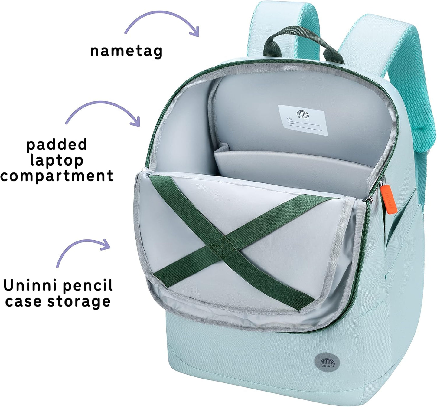 uninni 16" Kid's Backpack for Girls and Boys Age 6+ with Padded, and Adjustable Shoulder Straps. Fits for Height 3'9" Above Kids (Mint)