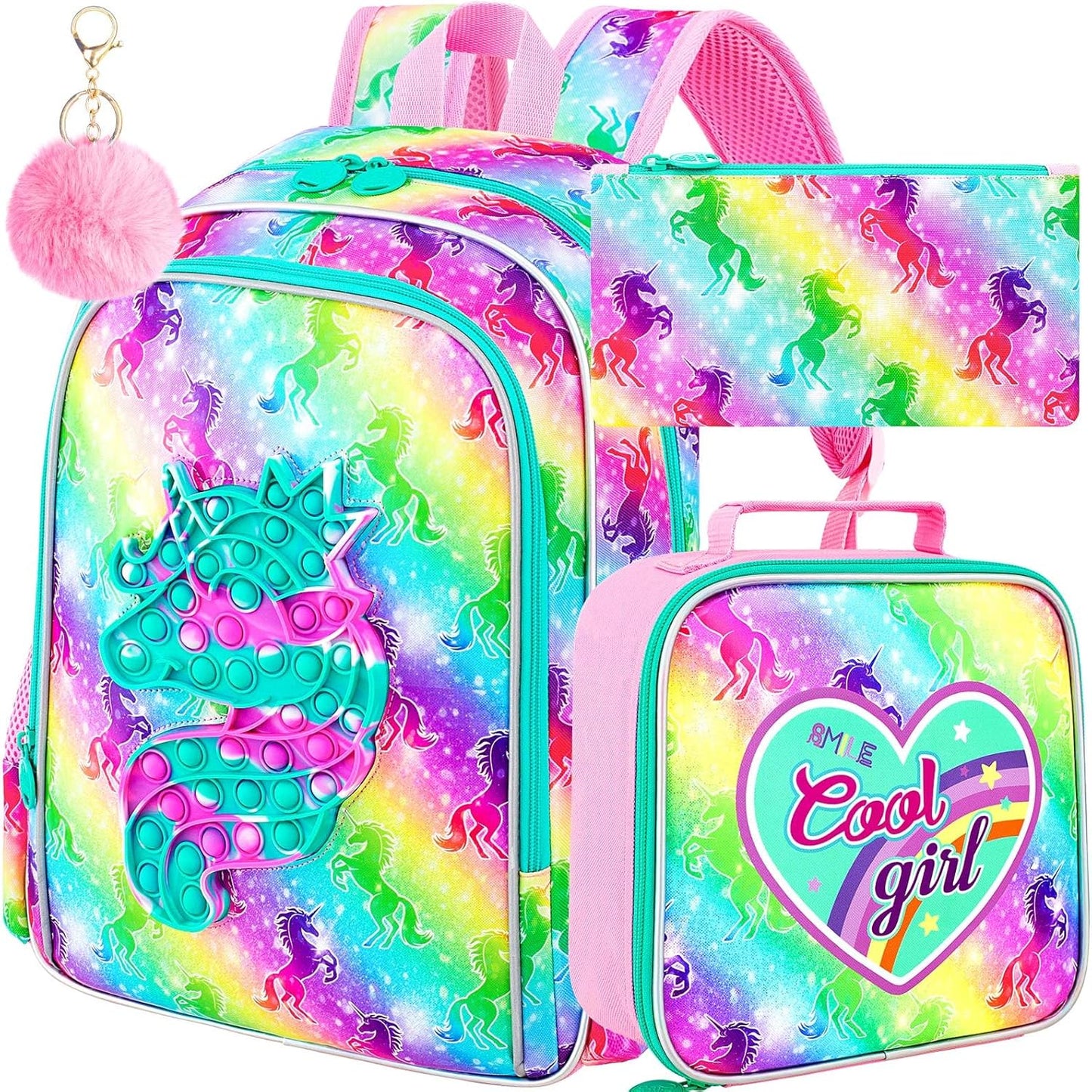 AGSDON 3PCS Backpack for Girls, 16'' Kids Unicorn Bookbag with Lunch Box, Kindergarten Backpacks for Elementary Toddler