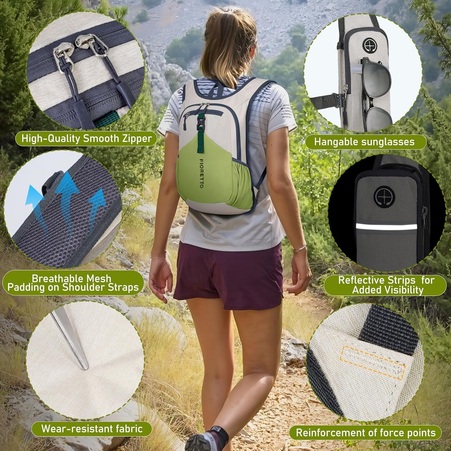 FIORETTO 15L Hiking Backpack for Women Men Mini Packable Backpack Lightweight Small Daypack for Camping Travel Outdoor, Beige and Green