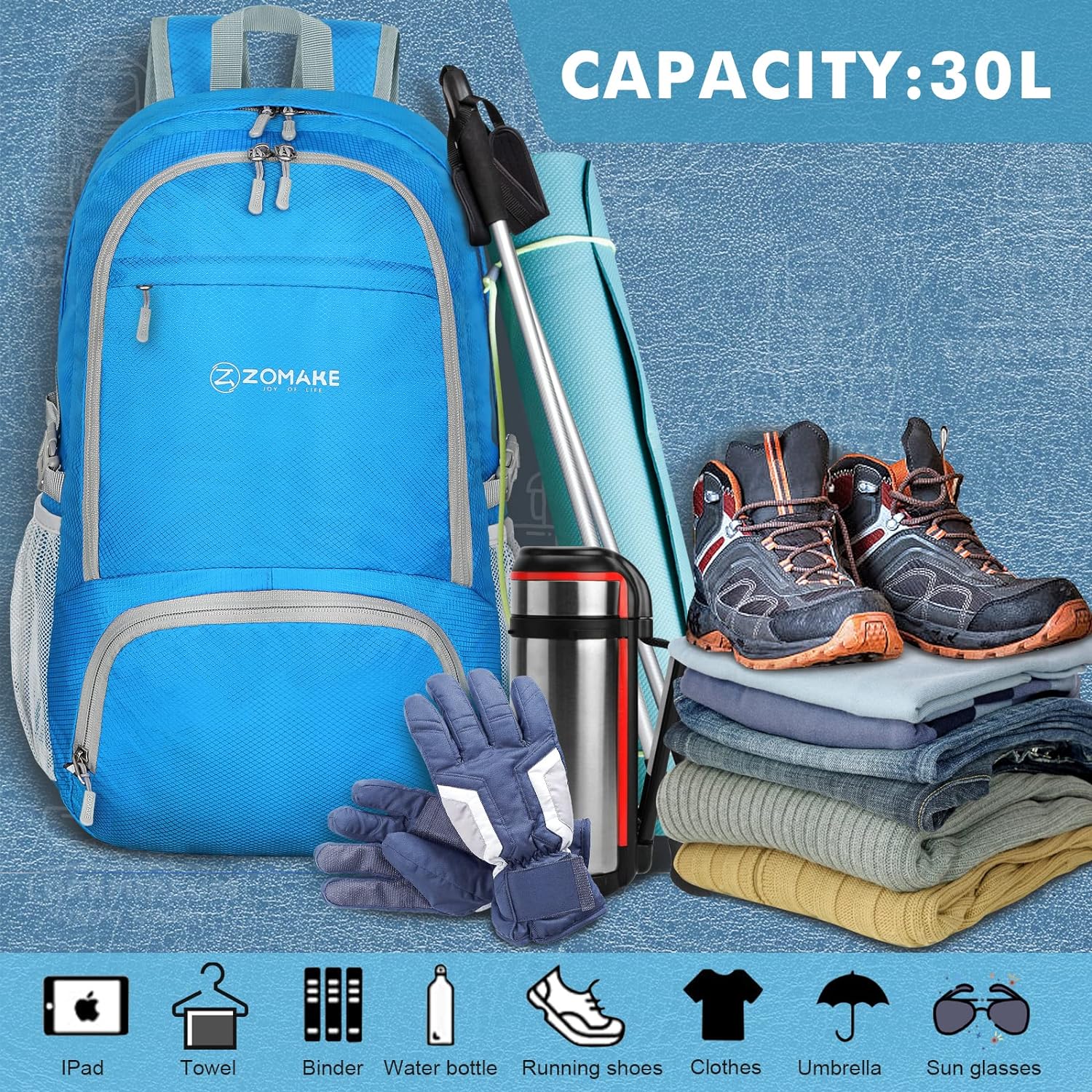 ZOMAKE Lightweight Packable Backpack 30L, Foldable Hiking Backpacks Water Resistant Compact Folding