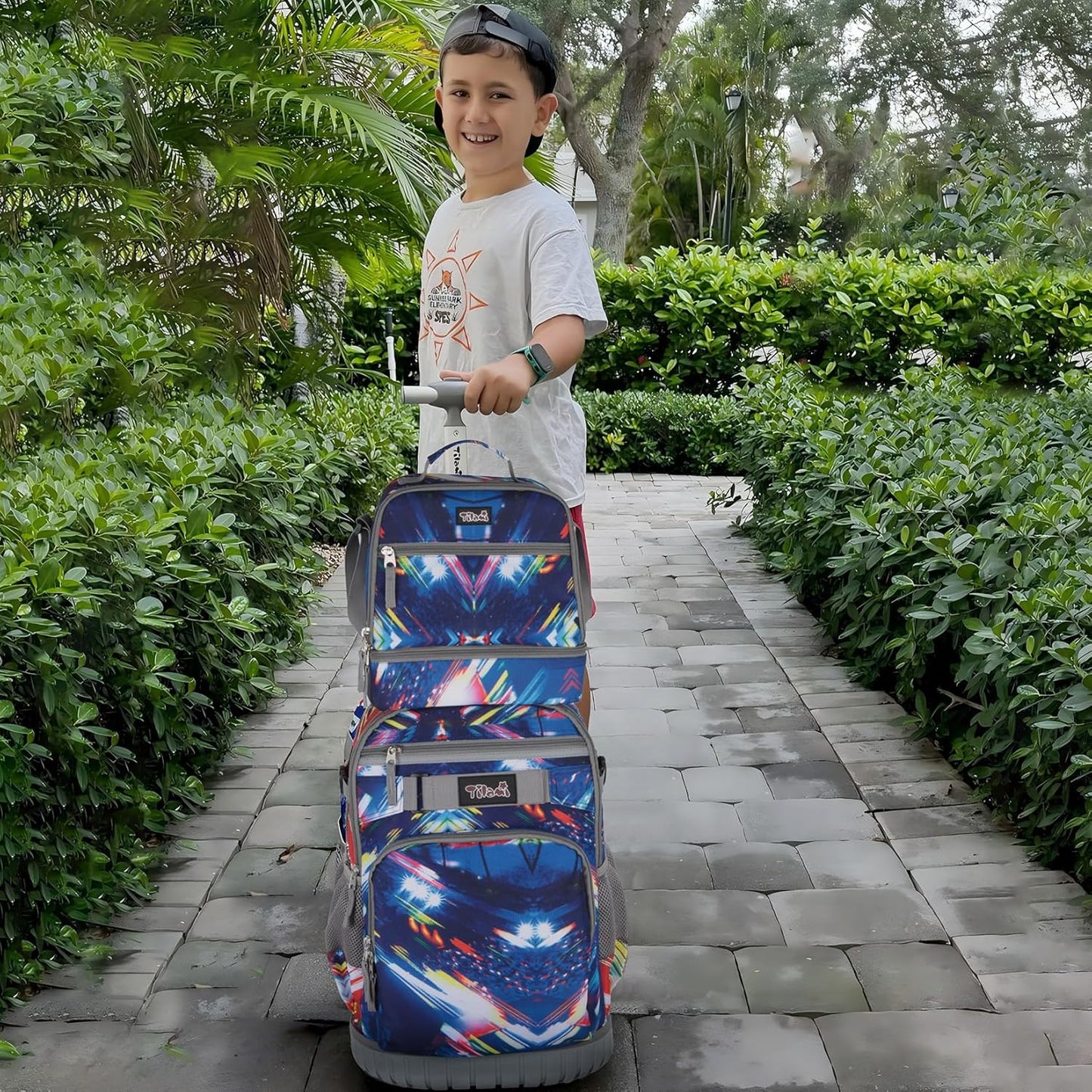 Tilami Rolling Backpack & Lunch bag for Kids 19 Inch Wheeled Bookbag for Boys & Girls for School & Travel,Lighting Blue