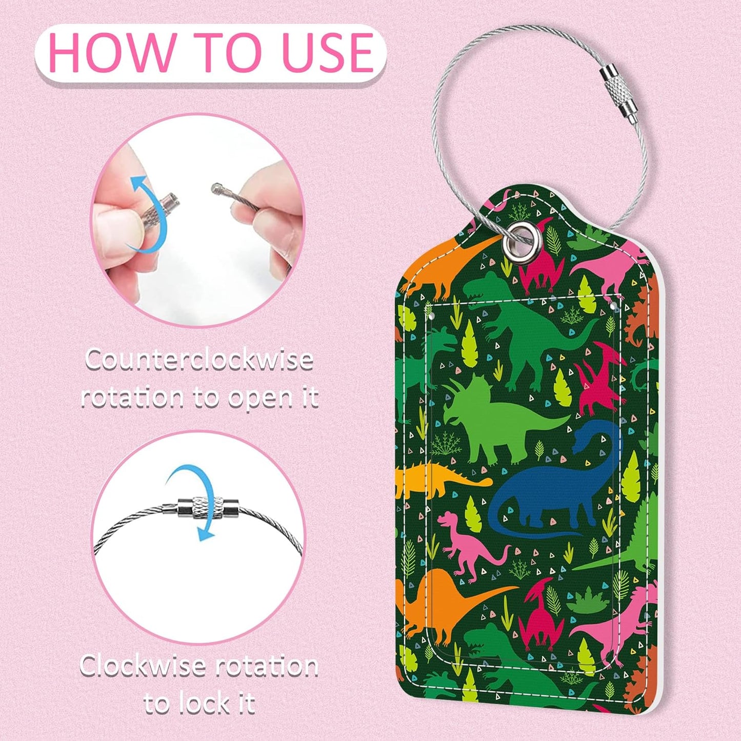 2 Pack Luggage Tag for Suitcase,Colored Dinosaur PU Leather Suitcase Tags Identifiers with Privacy Name Address Labels and Steel Loop for Women Men Travel