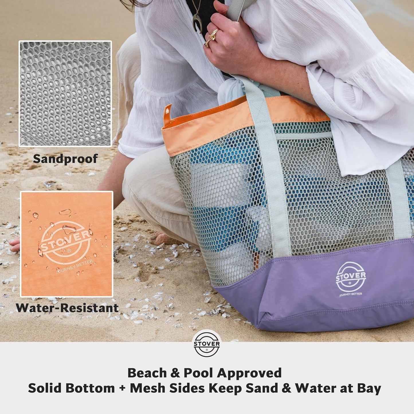 STOVER Large Mesh Beach Bag, Vacation, Pool, Shopping, & Travel Tote - Foldable w/Storage Pockets for Women, Men & Families
