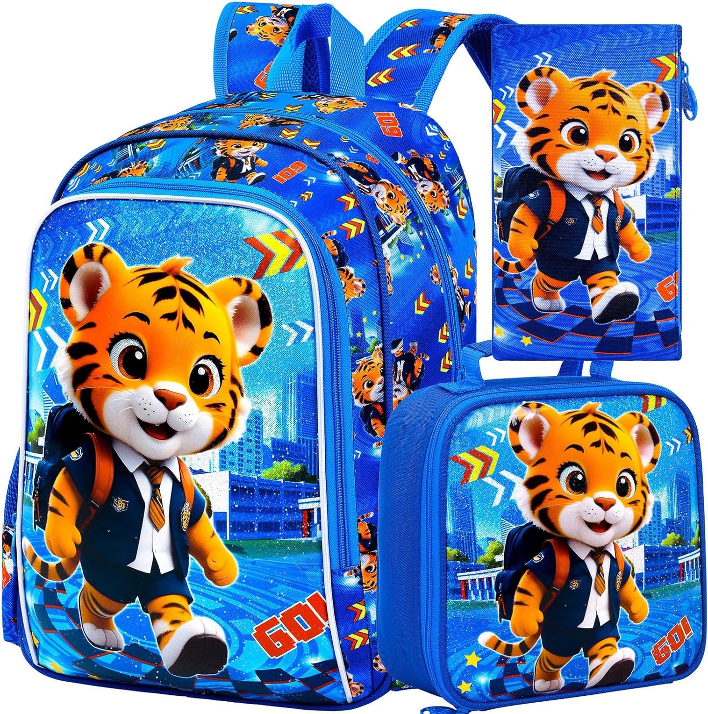 3PCS Dinosaur Backpack for Boys, 16 Inch Kids Water Resistant Preschool Elementary Kindergarten Bookbags and Lunch Box