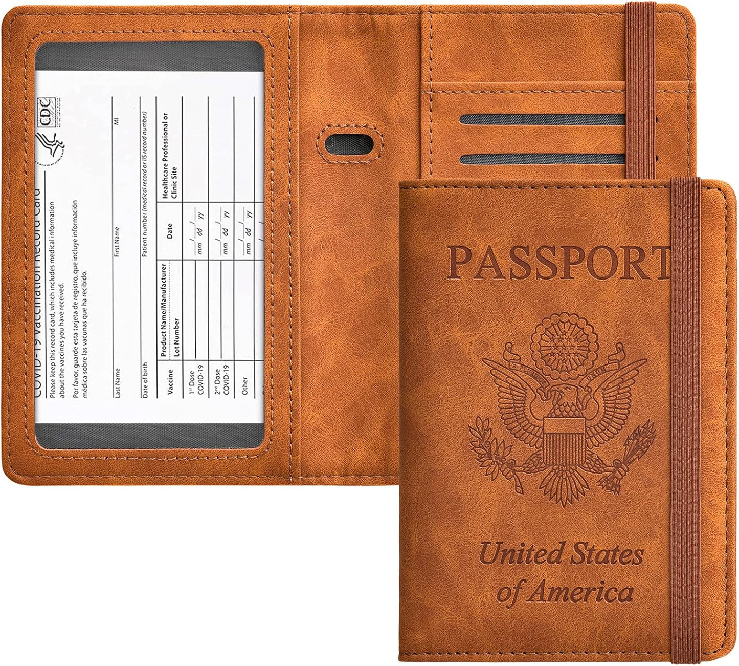 HerriaT Passport and Vaccine Card Holder Combo,Cover Case with CDC Vaccination Card Slot, Leather Travel Documents Organizer Protector, with RFID Blocking, for Women and Men