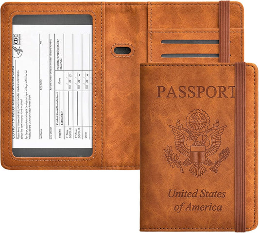 HerriaT Passport and Vaccine Card Holder Combo,Cover Case with CDC Vaccination Card Slot, Leather Travel Documents Organizer Protector, with RFID Blocking, for Women and Men