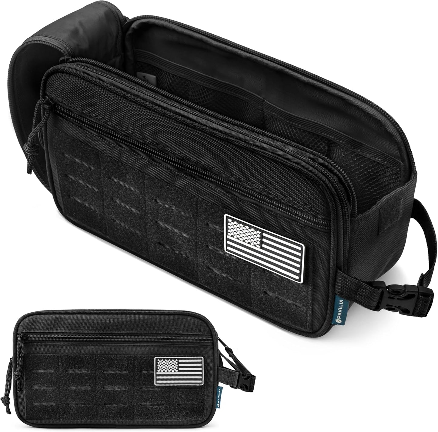 PAVILIA Extra Large Tactical Toiletry Bag for Men, Travel Hygiene Bag, Military Gear Dopp Kit, Molle Accessories Pouch, Shaving Grooming Essentials Gym Bathroom Shower Toiletries Tool EDC, Black XL