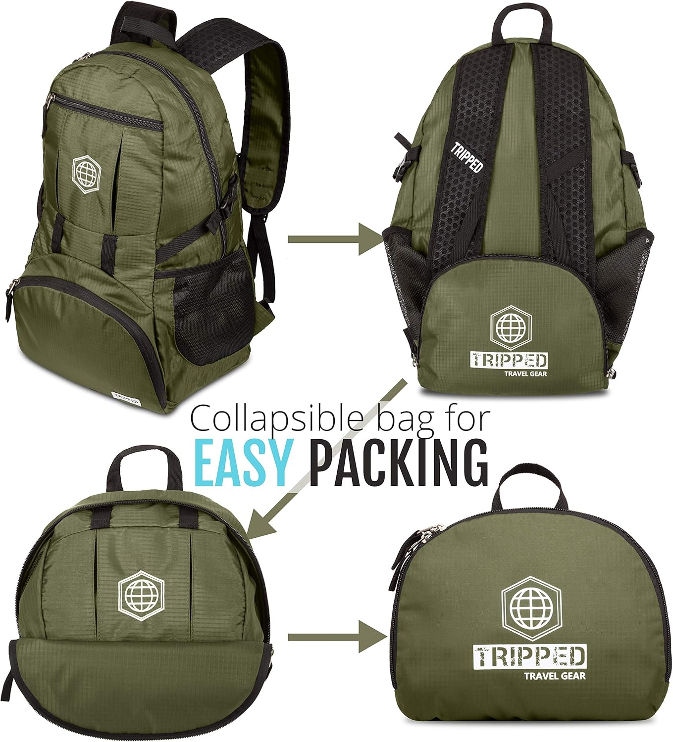 TRIPPED Travel Gear Traveling Backpack- Foldable collapsible lightweight backpack for travel