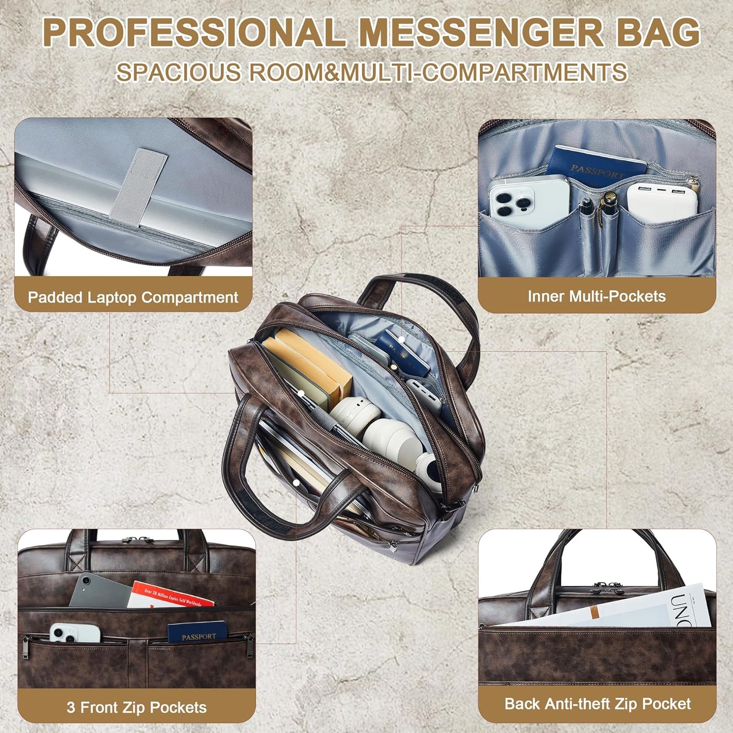 Shrrie Leather Messenger Bag for Men&Women 16 inch Laptop Bag,Water-Resistant Retro Leather Briefcase for Men Business,Work