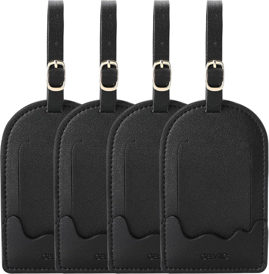 Faux Leather Luggage Tags for Suitcase Tag Set Privacy Protection with Identifie Name Lable ID Card Baggage tag for Men Women Travel Accessories, 2/4 Pack (LT07-Black*4)