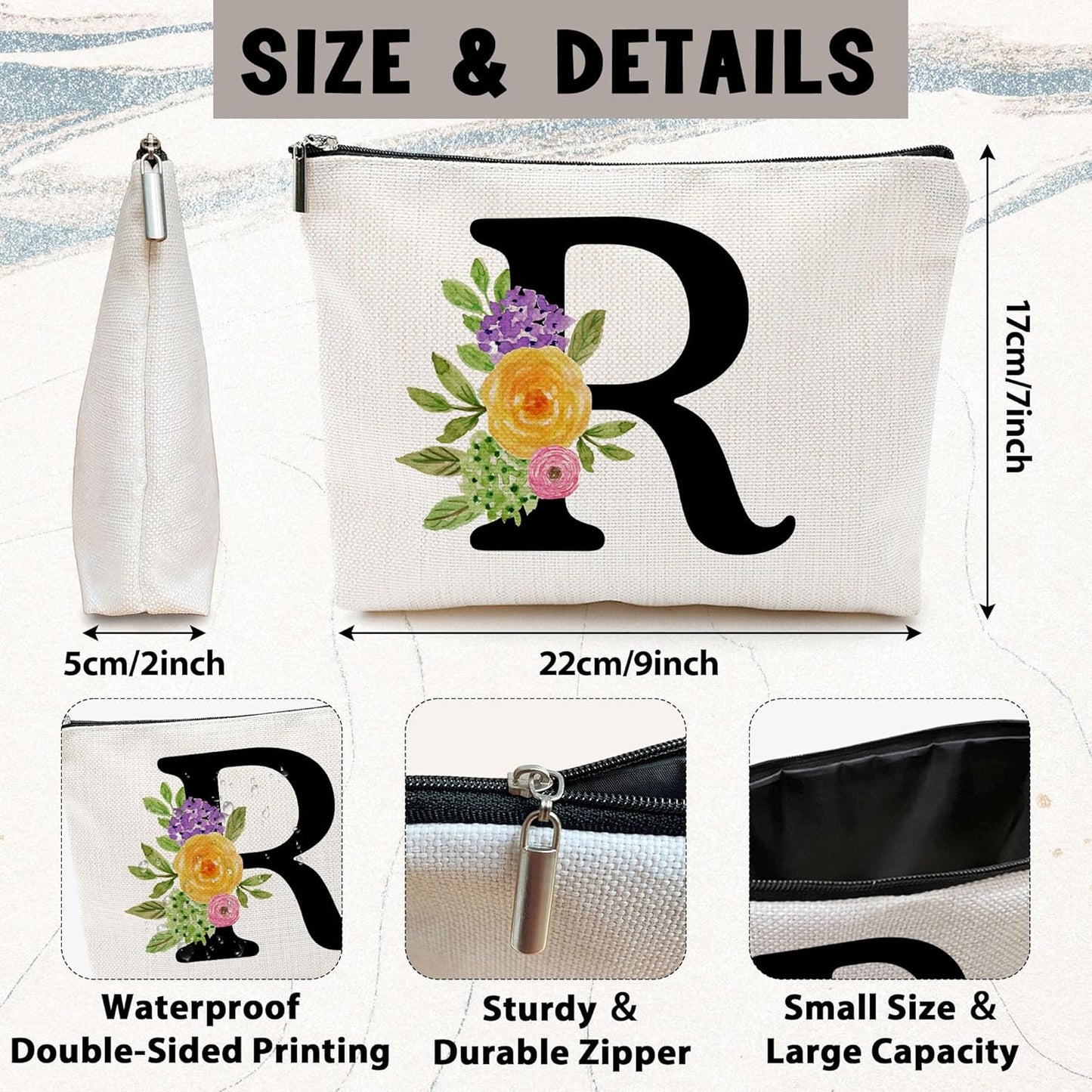 Personalized Letter R Makeup Bag for Women, Birthday Gifts for Mom, Small Zipper Pouch for Purse, Christmas Bridesmaid Friendship Gifts for Sister Daughter, Girls Weekend Gifts for Women-A18