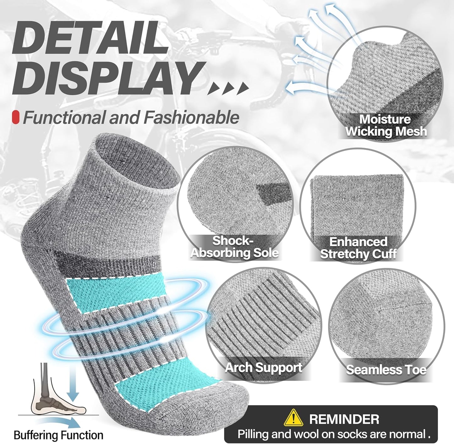 6 Pairs Merino Wool Ankle Running Hiking Socks Compression Support Breathable Thick Cushion No Show Socks for Women Men