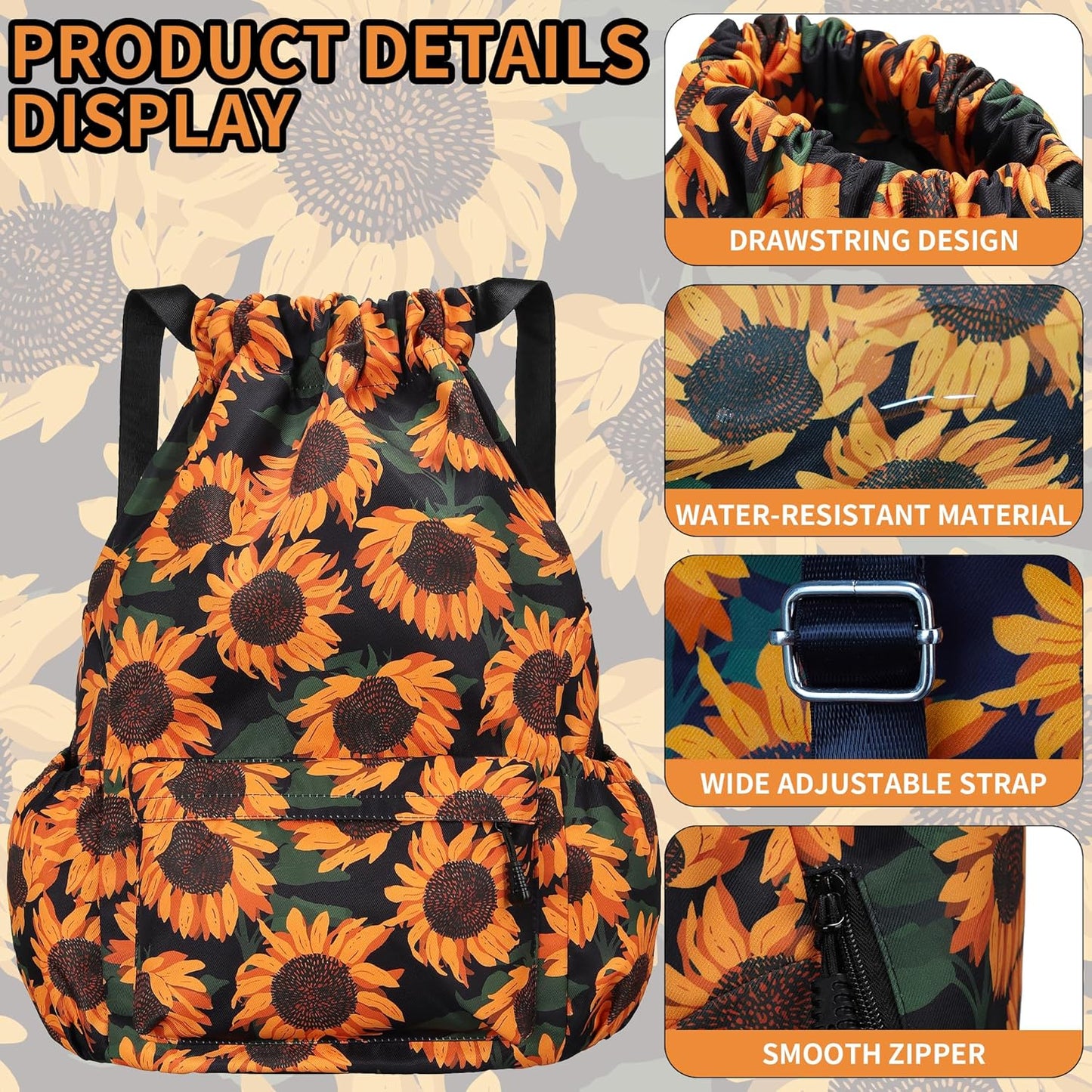 Drawstring Backpack for Women Drawstring Gym Bag Water Resistant Small Cinch Sack Pull String Backpack Bag (Sunflower)