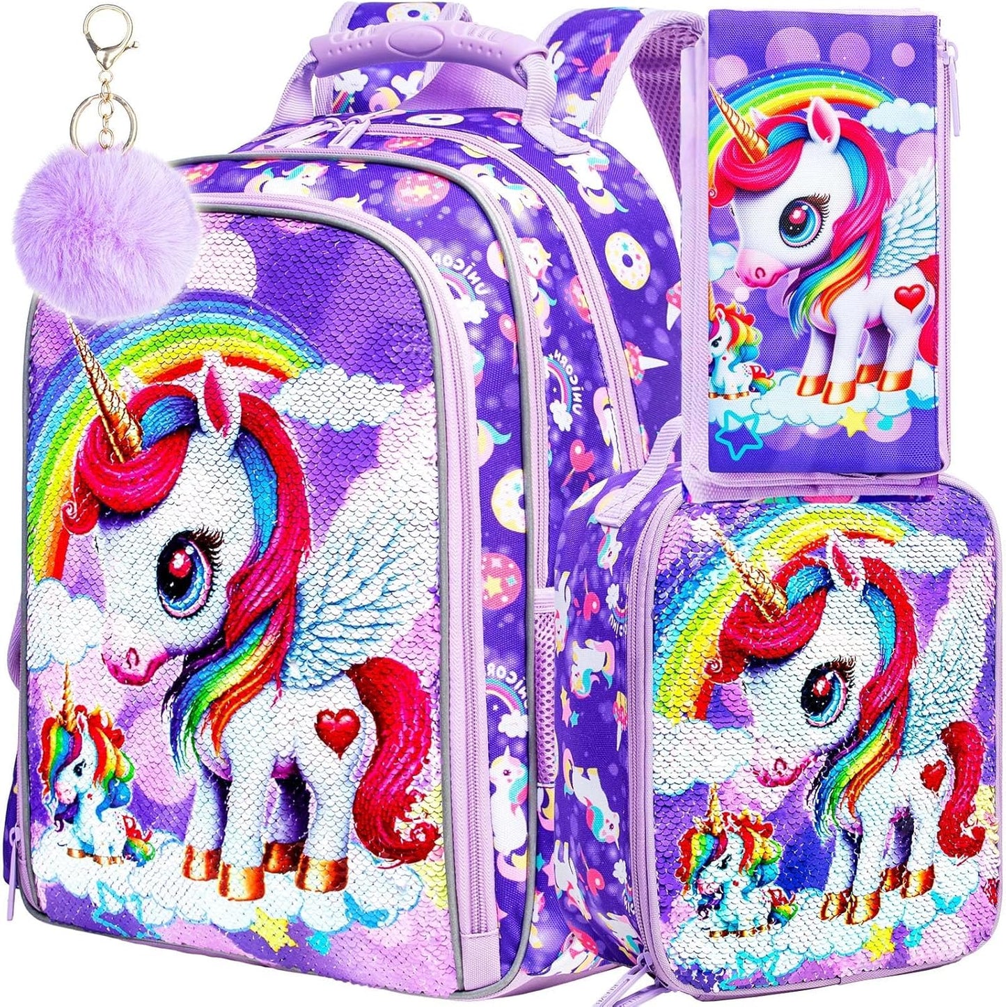 KLFVB 3PCS Cat Uni Dinosaur Backpack for Girls and Boys, 16" Kids Bookbag and Lunch Box, Preschool Backpacks for Elementary