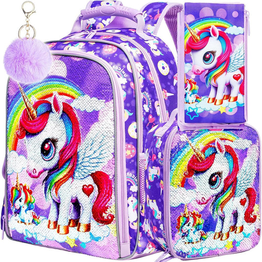 KLFVB 3PCS Cat Uni Dinosaur Backpack for Girls and Boys, 16" Kids Bookbag and Lunch Box, Preschool Backpacks for Elementary