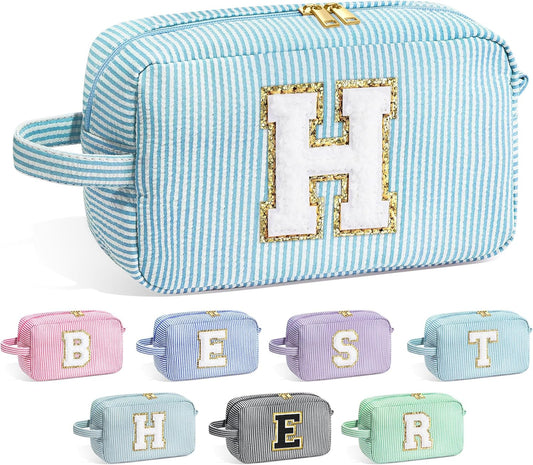 YOOLIFE Initial Makeup Bag - Personalized Monogram Cute Blue Makeup Bag Cosmetic Travel Toiletry Pouch Make Up Case for Women Mom Best Friend Bridesmaid Sister Teacher, Birthday Gifts for Women Her H