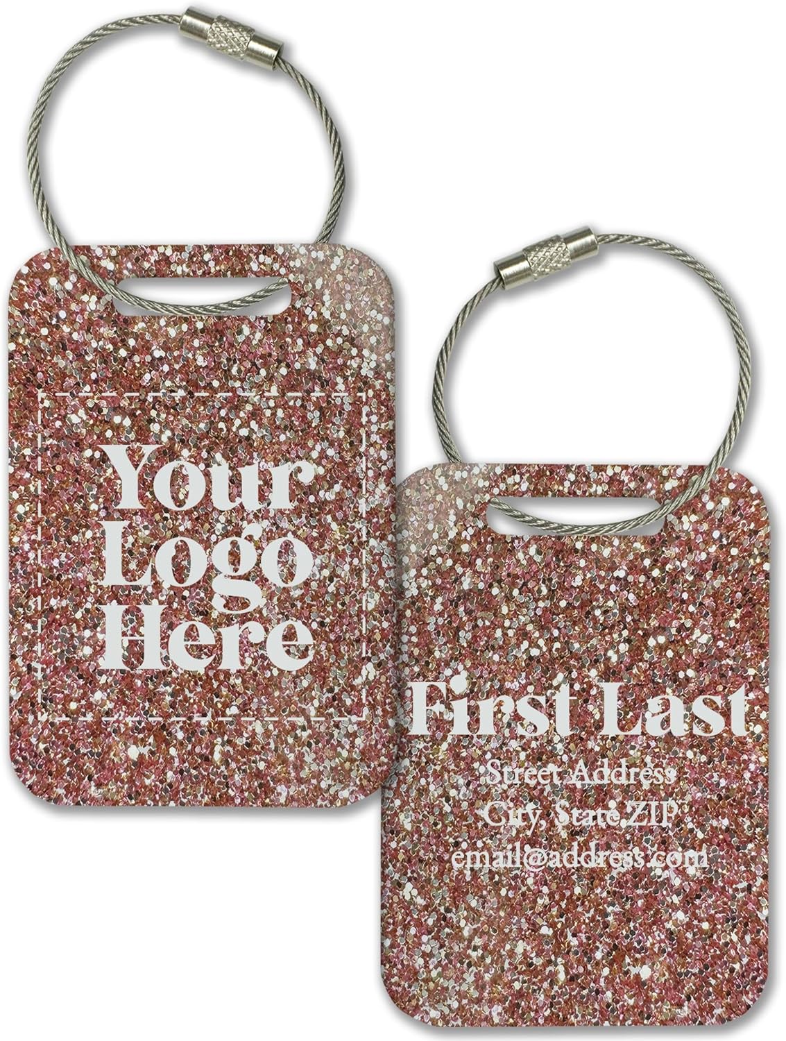 Personalized Logo Name Tag for Luggage (3 or 6 Count Pack) | Custom Tag for Suitcase | Acrylic Name Tag for Travel | Choose Your Font & Color | Backpack ID Label (Logo, Rose Gold Glitter)