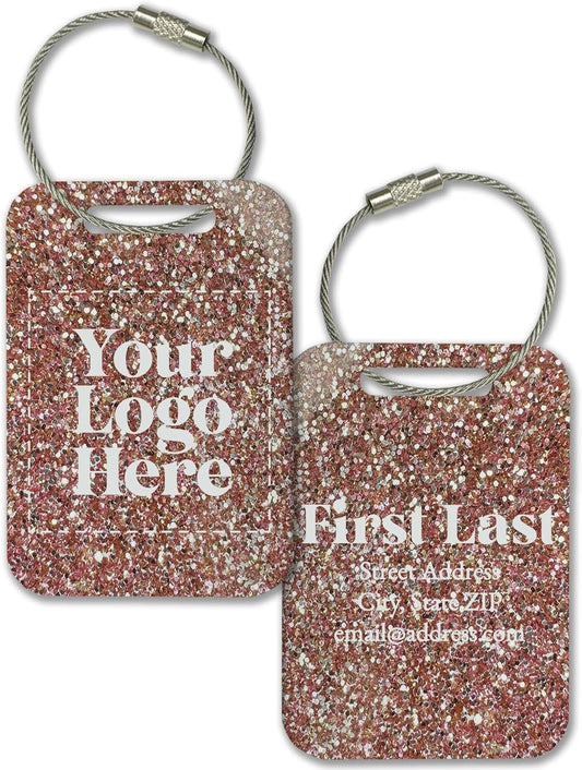 Personalized Logo Name Tag for Luggage (3 or 6 Count Pack) | Custom Tag for Suitcase | Acrylic Name Tag for Travel | Choose Your Font & Color | Backpack ID Label (Logo, Rose Gold Glitter)