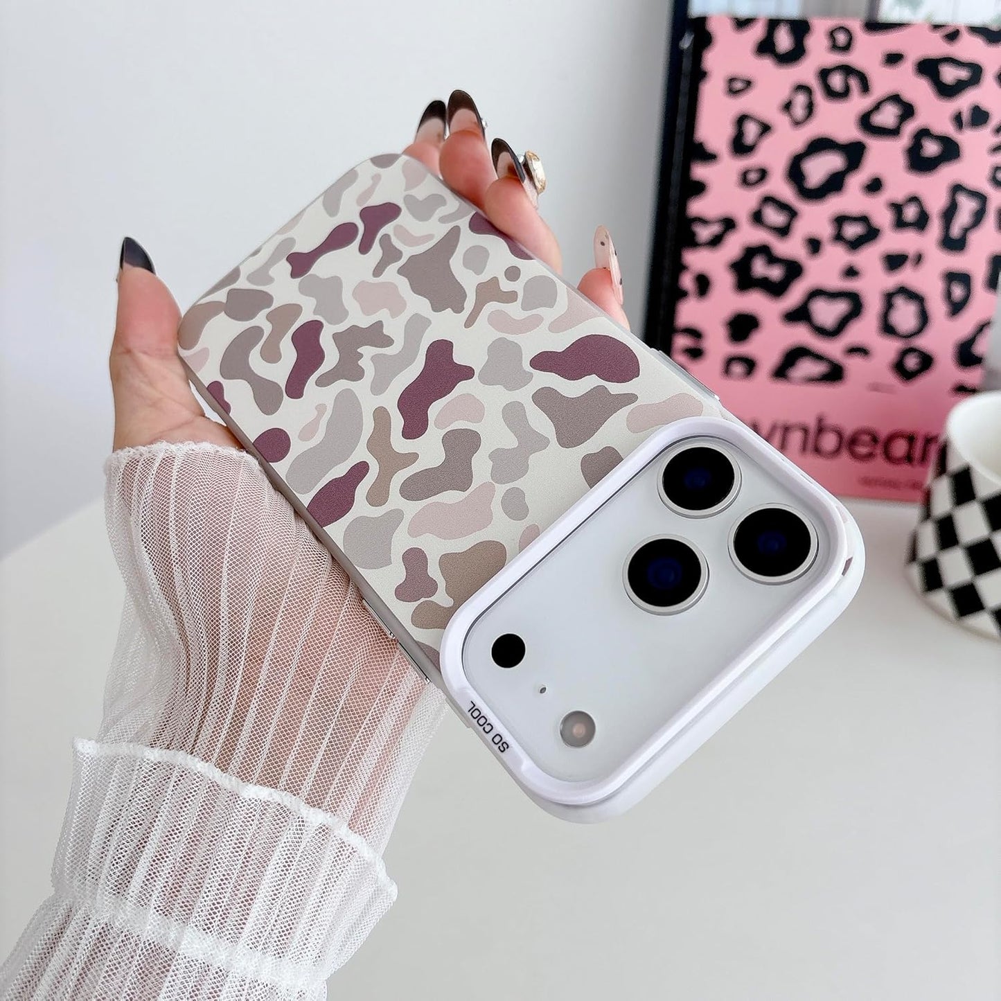 for iPhone 17 Pro Max Case, Vintage Camo Pattern Design for Men Boys Teens, Cool Camouflage Shockproof Protective Cover for Girls Women - White