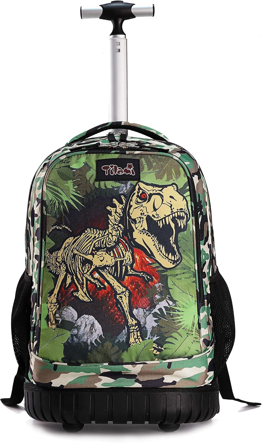 Tilami Rolling Backpack 19 inch Wheeled Cute LAPTOP Boys Girls Travel School Student Trip, Dinosaur