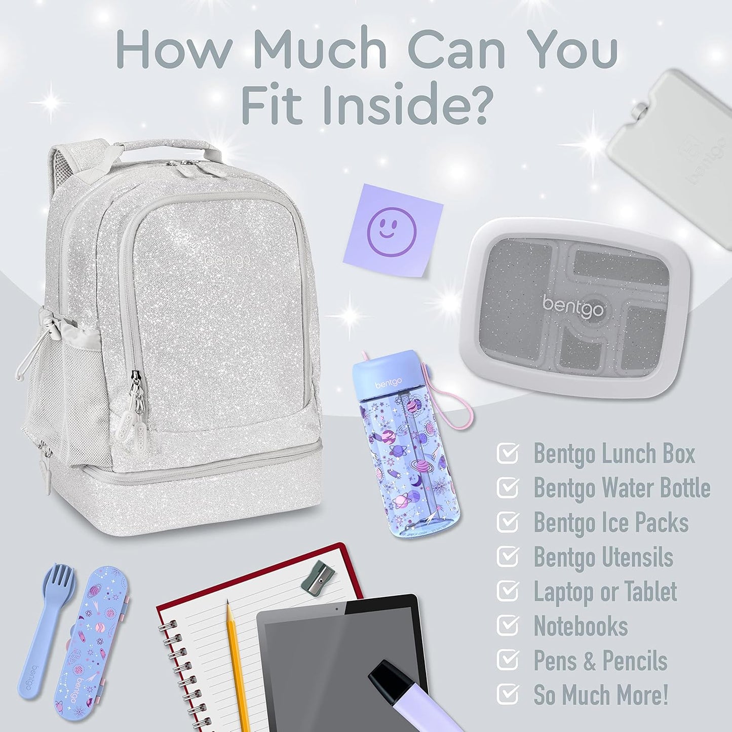 Bentgo Kids 2-in-1 Backpack & Insulated Lunch Bag - Glitter Designed 16” Backpack for School & Travel -, Durable, Water Resistant, Padded, & Large Compartments (Glitter Edition - Silver)