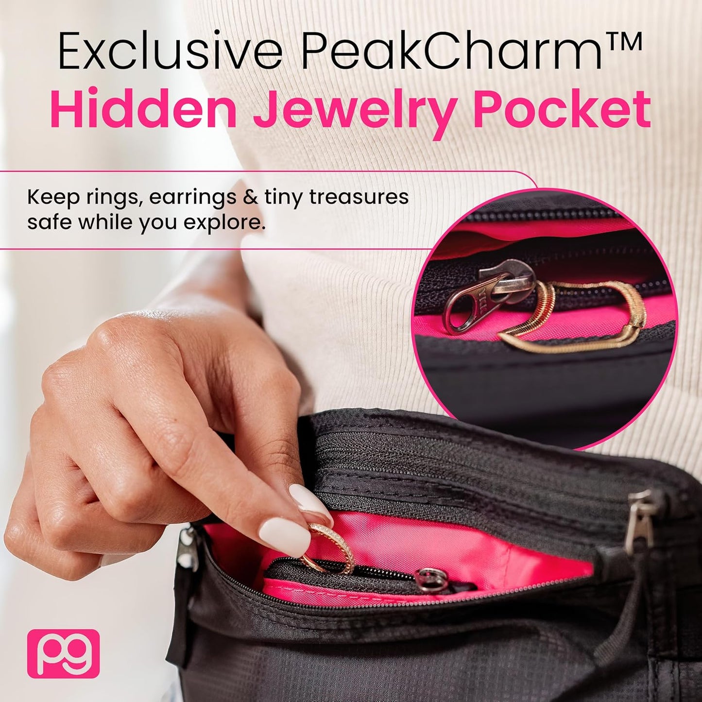 Peak Gear Women’s Money Belt - Hidden Travel Waist Pouch for Women | RFID Blocking, Slim Under-Clothes Passport Holder with PeakCharm Jewelry Pocket + 2 ReturnMe™ Recovery Tags