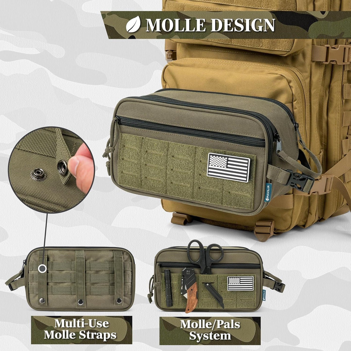 PAVILIA Extra Large Tactical Toiletry Bag for Men, Travel Hygiene Bag, Military Gear Dopp Kit, Molle Accessories Pouch, Shaving Grooming Essentials Gym Bathroom Shower Toiletries Tool EDC, Olive XL