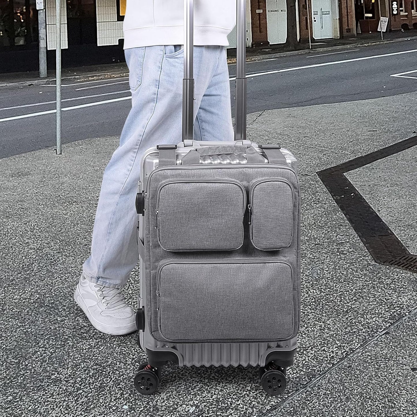 Add-a-Bag Luggage Strap – Adjustable Over Luggage Organizer for Hanging Extra Bag, Hands-Free Multi Travel Accessory for Business Trips & Vacations, Fits Most Suitcases & Laptop (Gray-3)