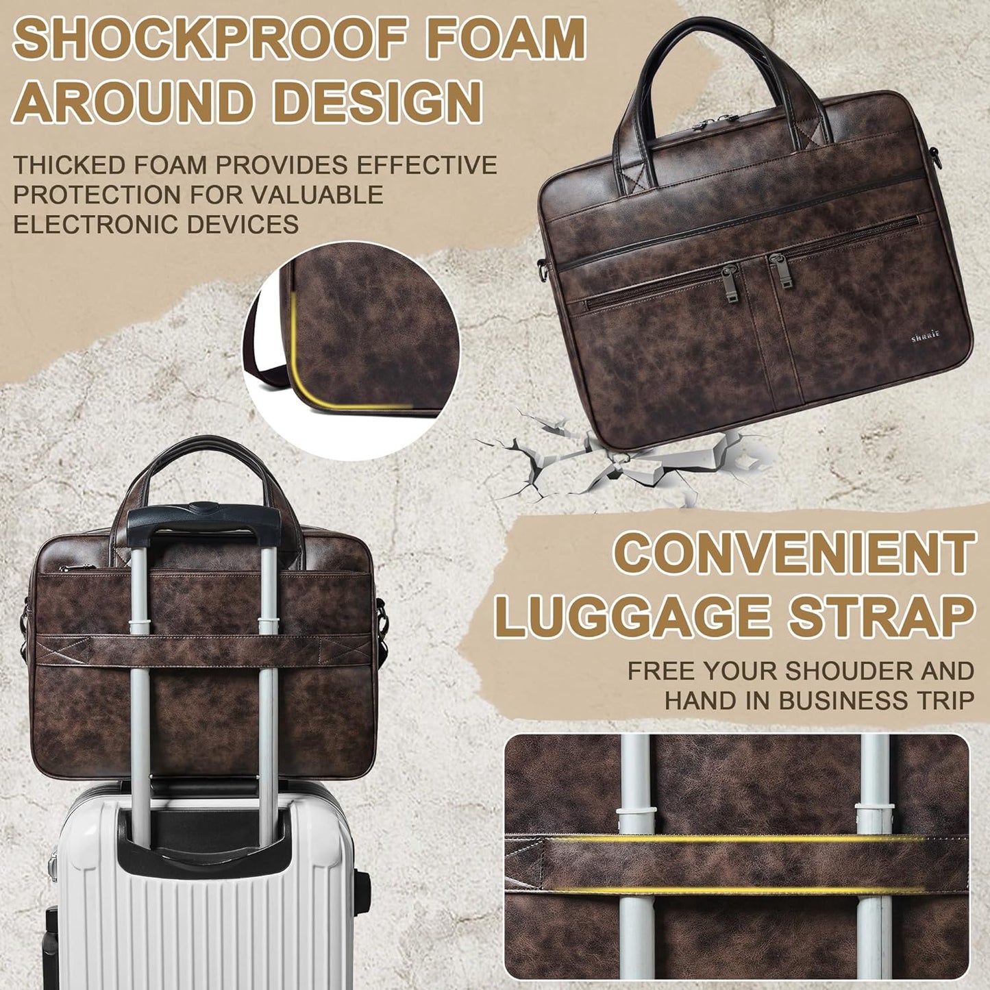 Shrrie Leather Messenger Bag for Men&Women 16 inch Laptop Bag,Water-Resistant Retro Leather Briefcase for Men Business,Work