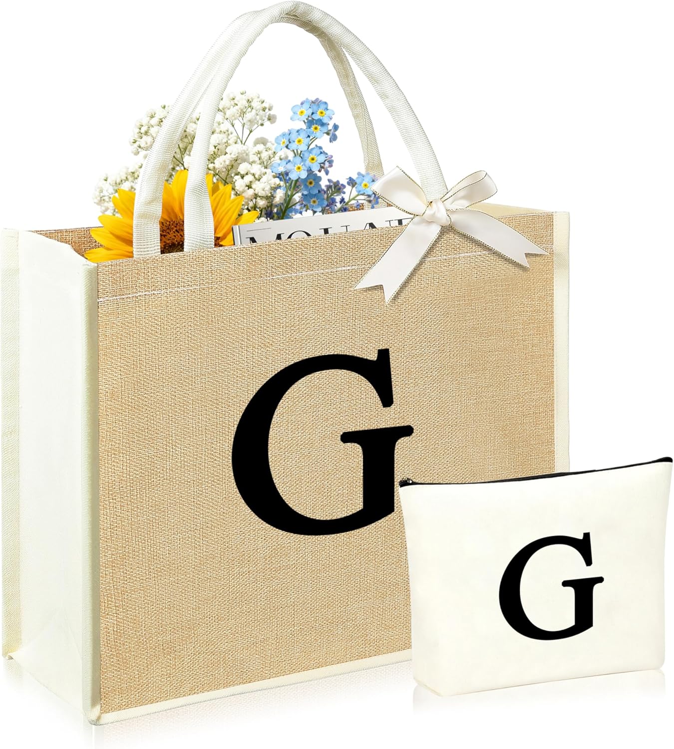 Initial Canvas Tote Bag & Makeup Bag for Women Teacher Bridesmaids，Personalized Present for Wedding, Birthday, Beach