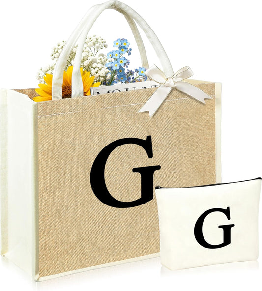 Initial Canvas Tote Bag & Makeup Bag for Women Teacher Bridesmaids，Personalized Present for Wedding, Birthday, Beach