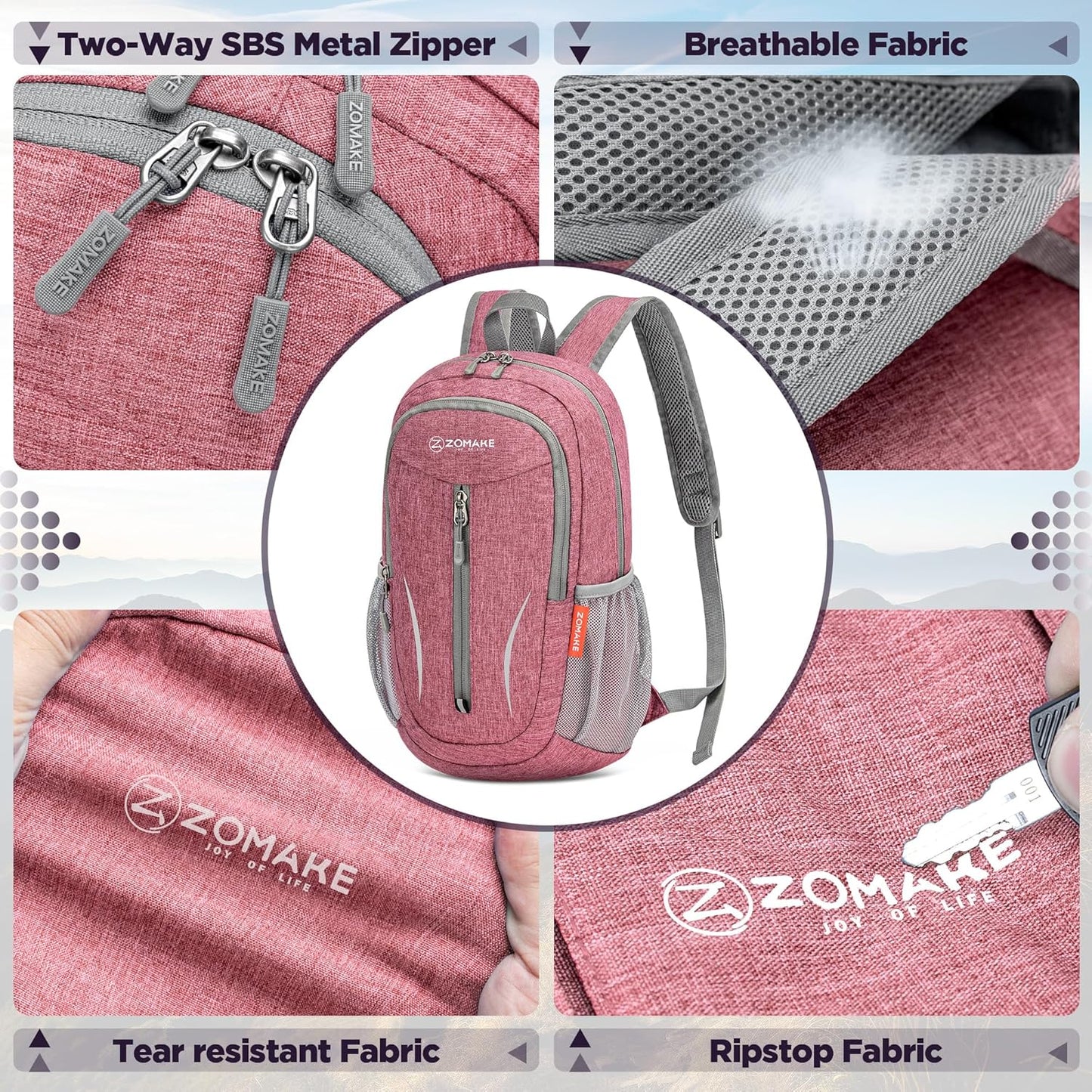 ZOMAKE Ultra Lightweight Packable Backpack 10L,Small Foldable Backpacks Hiking Water Resistant Collapsible Daypack for Women Men(Pink-C1)