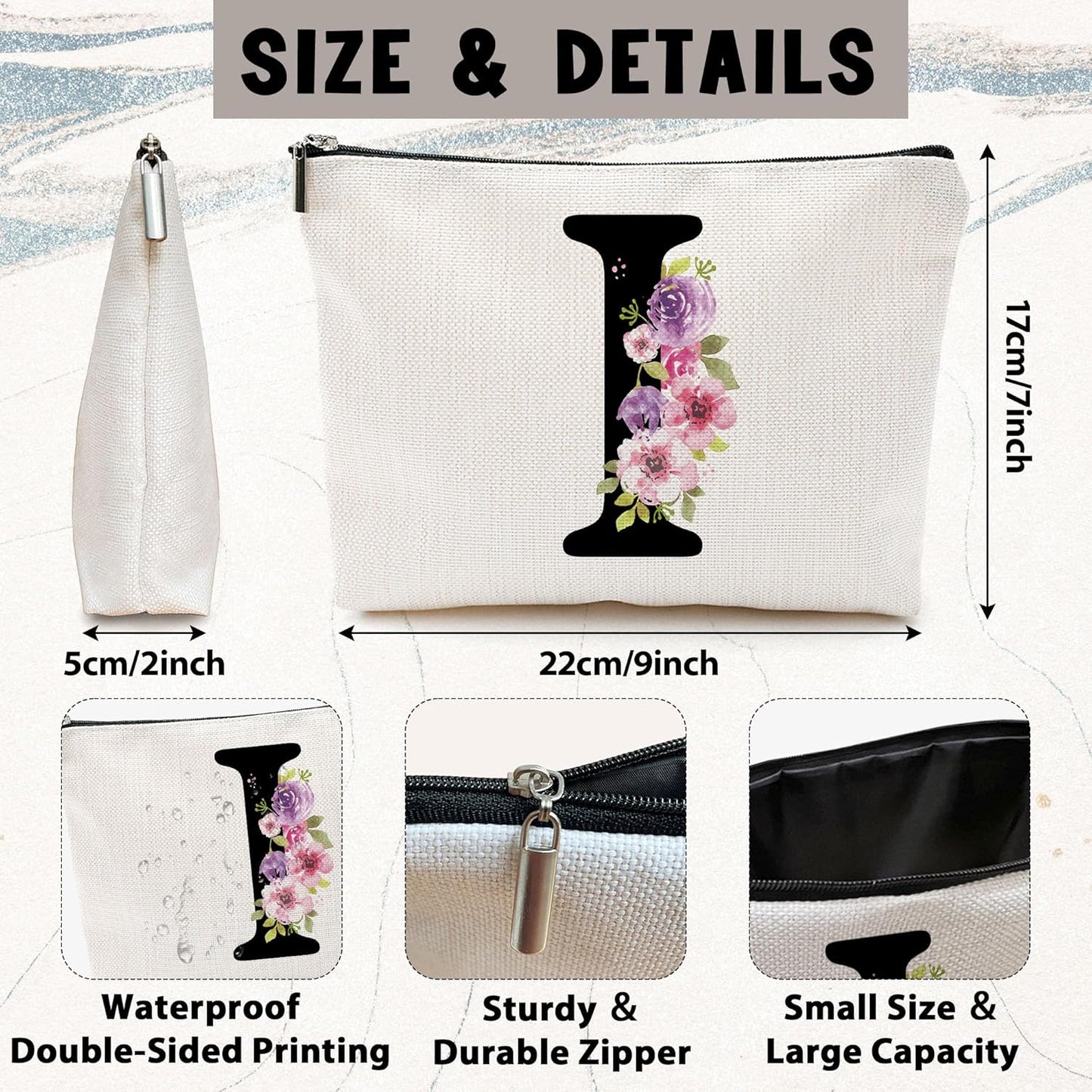 Personalized Letter I Makeup Bag for Women, Birthday Gifts for Mom, Small Zipper Pouch for Purse, Christmas Bridesmaid Friendship Gifts for Sister Daughter, Girls Weekend Gifts for Women-A09