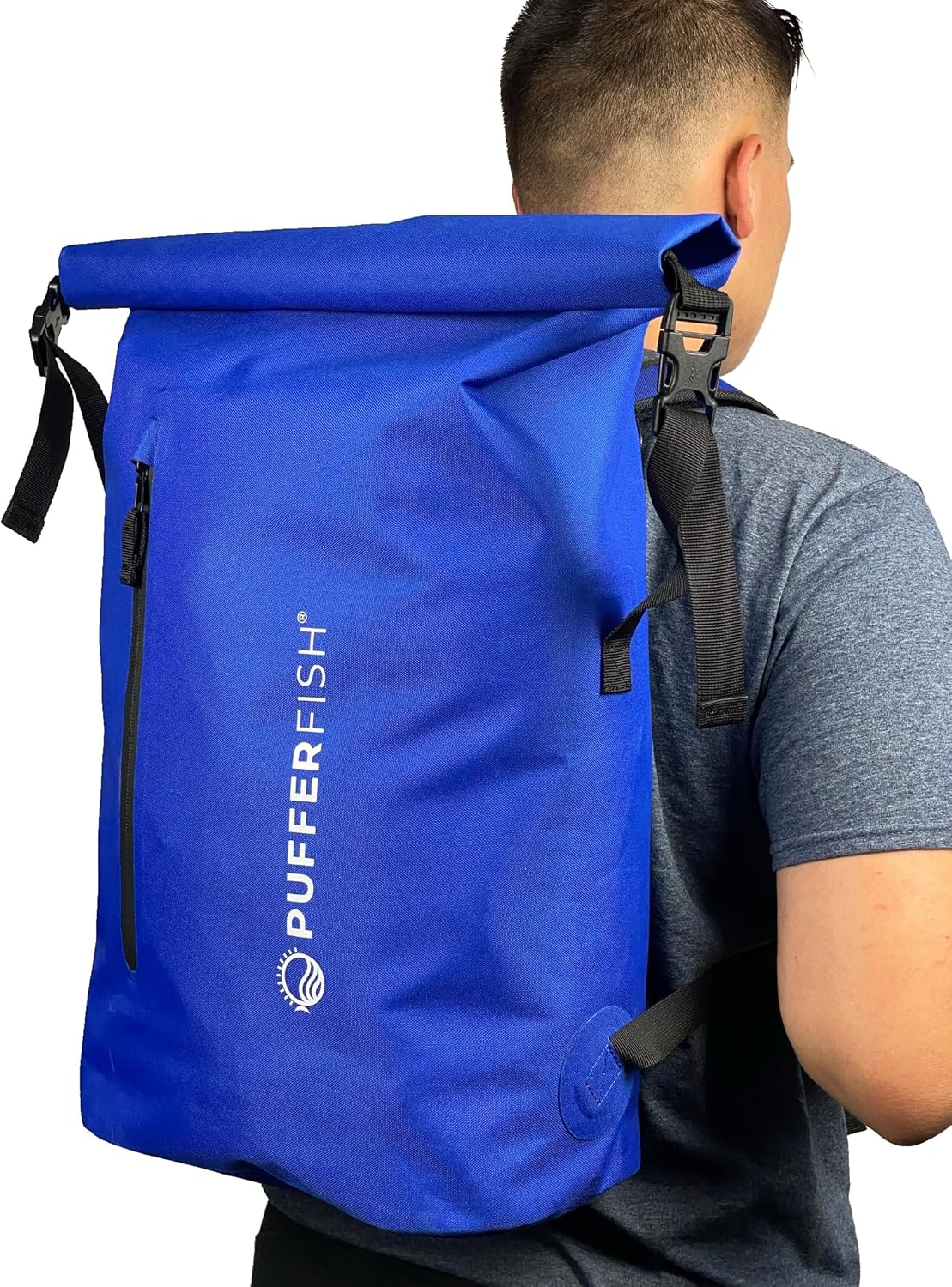 PUFFERFISH Super Sand Bag - Waterproof Roll-Top Beach Backpack, Padded Back and Straps, Multiple Pockets, Recycled Plastic, 35L, Blue